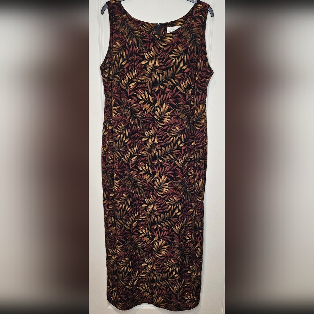 Studio I Dress Sleeveless Maxi 16W Autumn Leaf Print Sheath 54” Long Minimalist - Picture 2 of 7